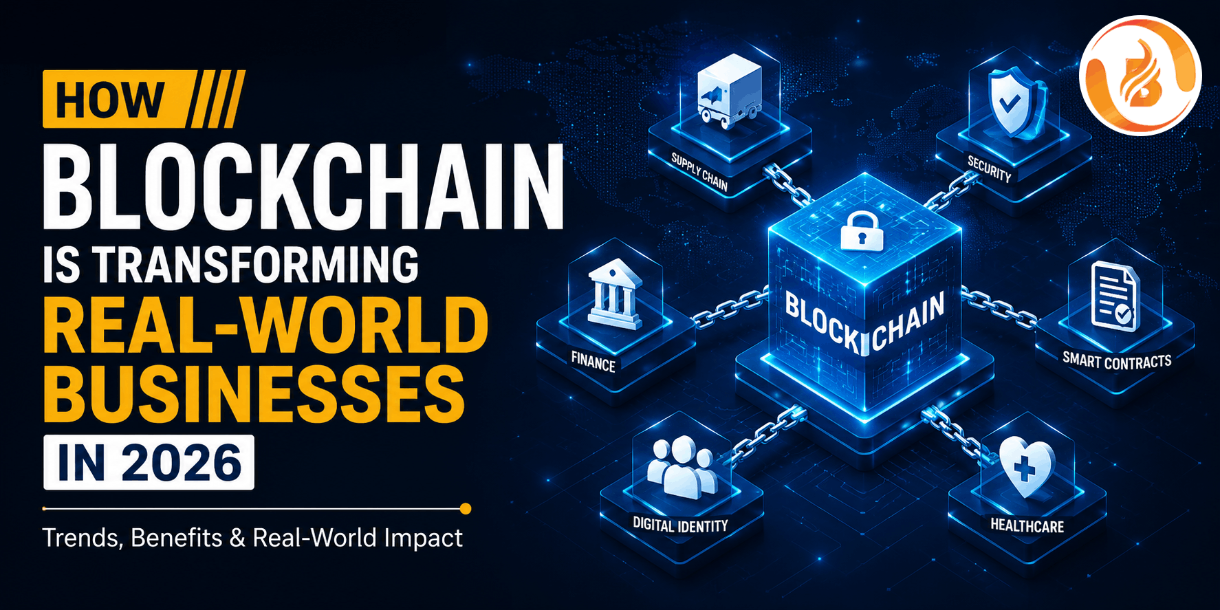 Blockchain technology transforming real-world businesses in 2026 through smart contracts, digital identity, finance, healthcare, and supply chain solutions.